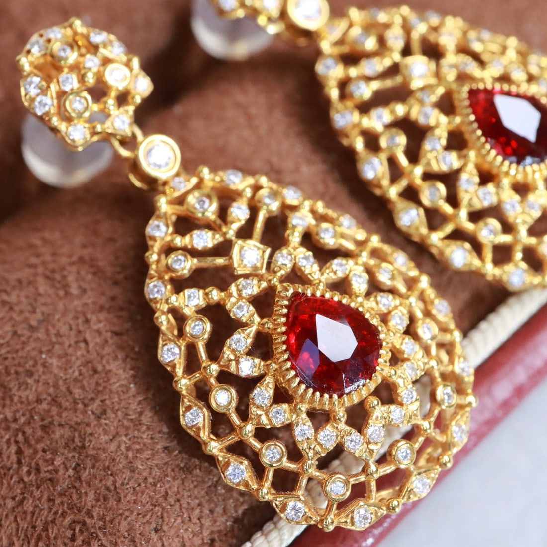 14k Gold 2.07 Ctw Vivid Red Natural Ruby & Sapphire Earrings - 2