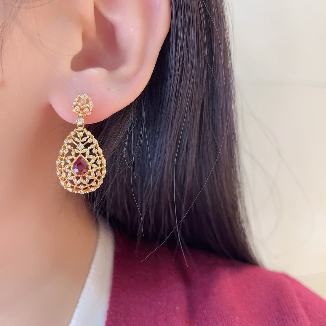 14k Gold 2.07 Ctw Vivid Red Natural Ruby & Sapphire Earrings - 5