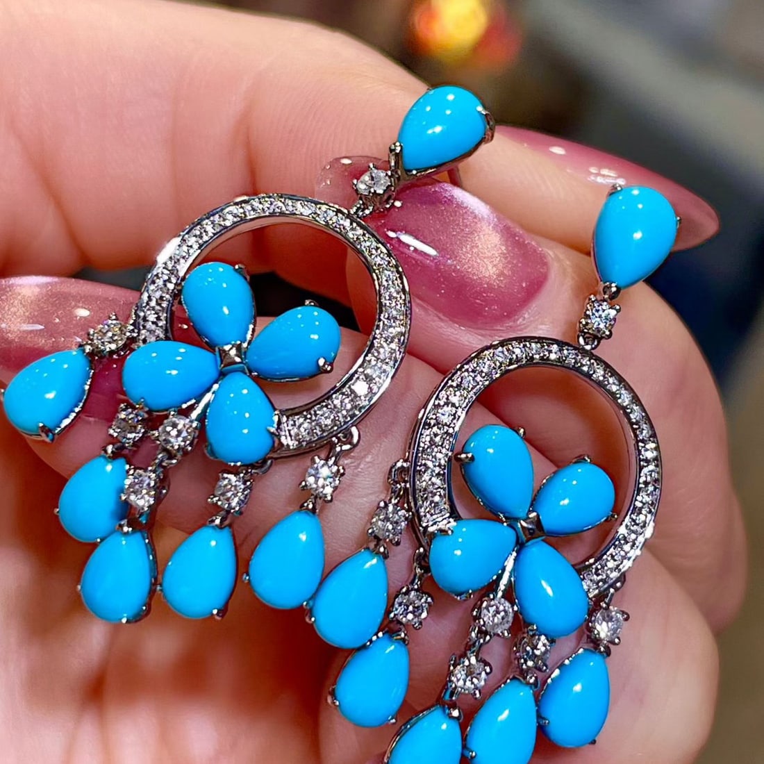 14k Gold 8.98 Ctw Natural Blue Turquoise & Diamond Earrings - 2