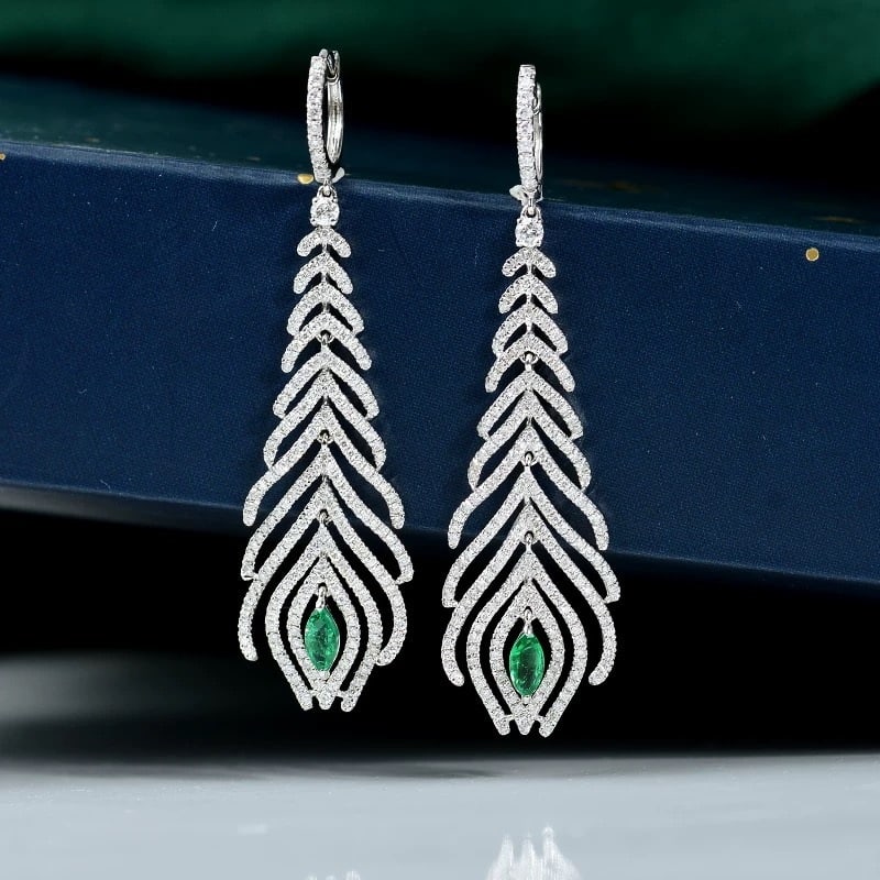 14k Gold 1.66 Ctw Vivid Green Natural Emerald & Diamond Earrings: Ref:230967051 // gold content:14k gold // main gemstone:emerald // shape:marquise // carat weight:0. 32ct // color:vivid green // treatment:natural // // adjacent gemstone 2 : diamond // shape:round