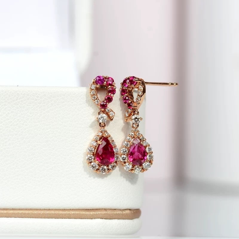 14k Gold 1.56 Ctw Natural Ruby & Diamond Earrings - 2