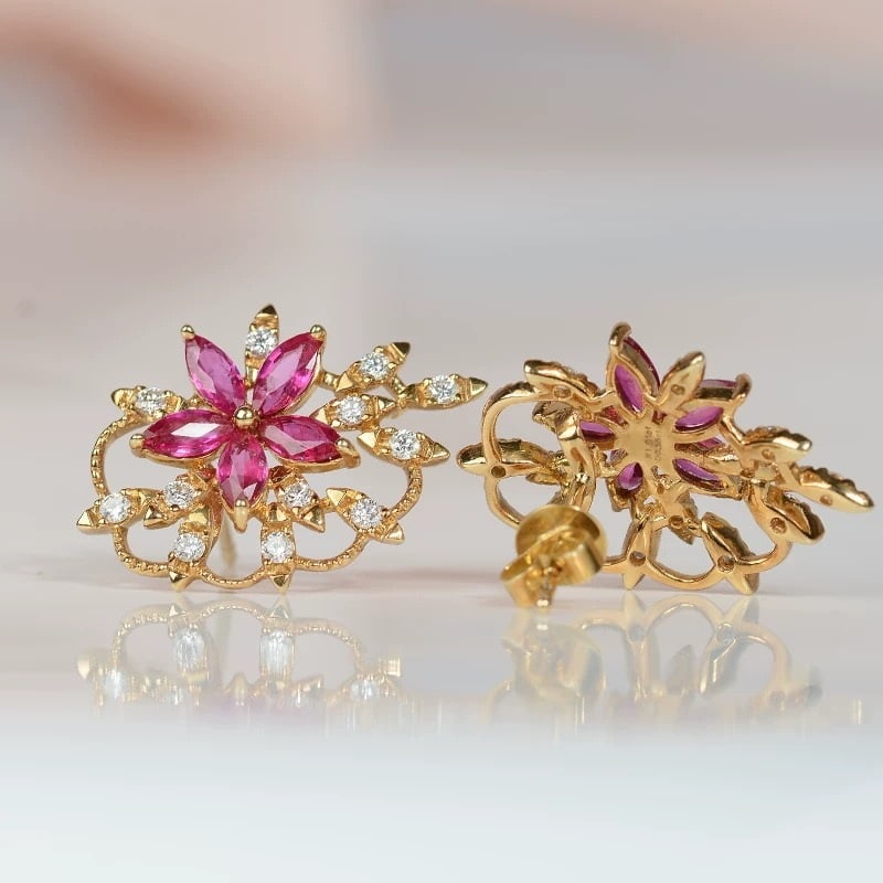 14k Gold 1.89 Ctw Natural Ruby & Diamond Earrings - 2
