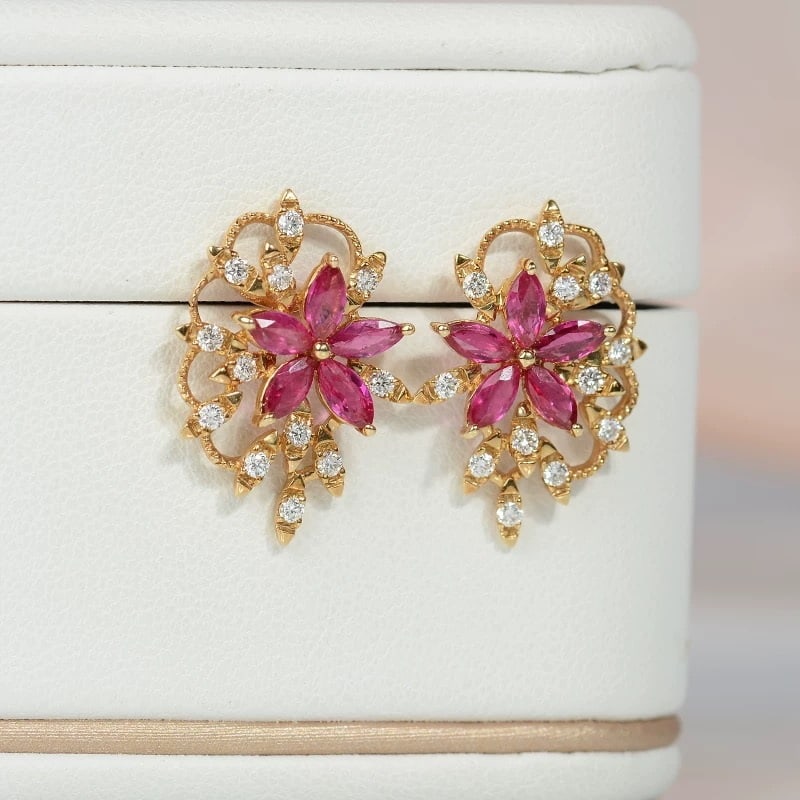 14k Gold 1.89 Ctw Natural Ruby & Diamond Earrings - 3