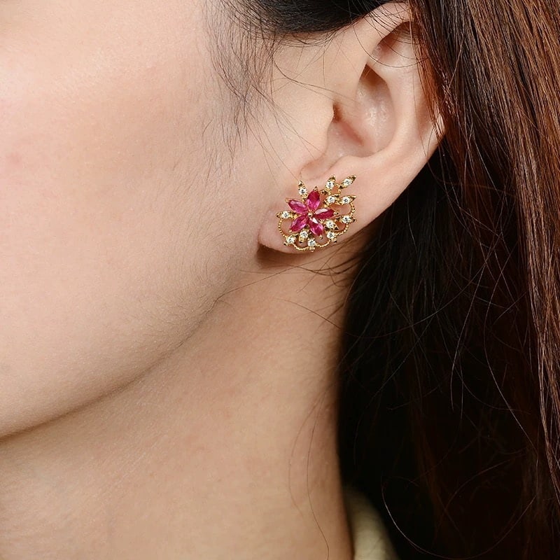 14k Gold 1.89 Ctw Natural Ruby & Diamond Earrings - 5