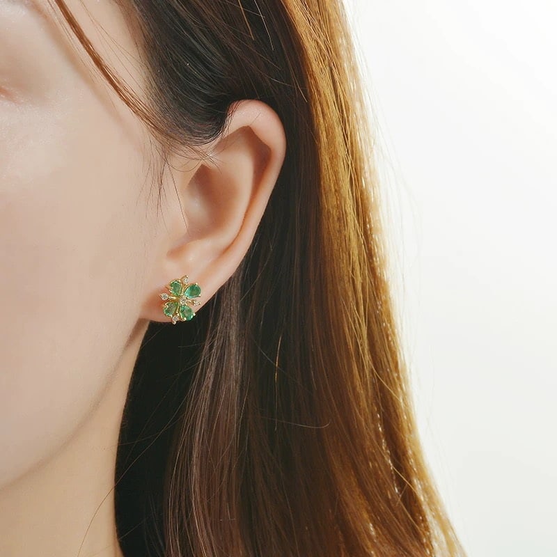 14k Gold 1.08 Ctw Natural Emerald & Diamond Earrings - 4
