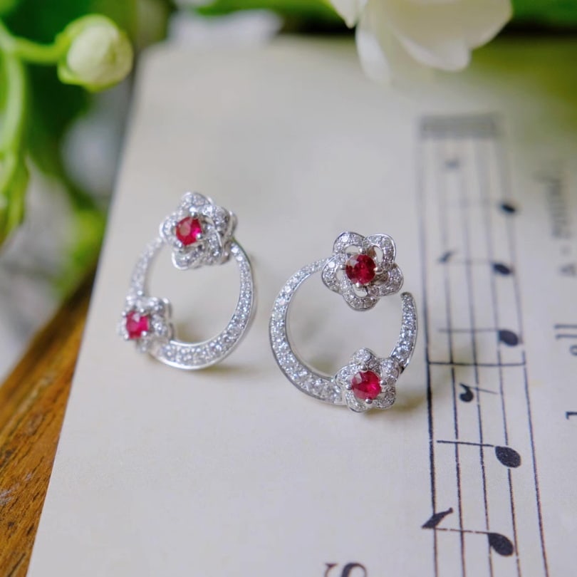 14k Gold 0.72 Ctw Natural Ruby & Diamond Earrings - 2
