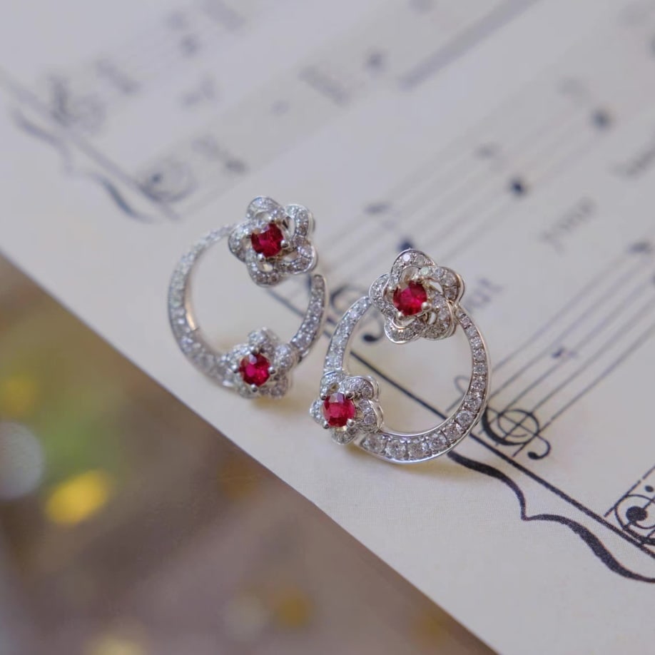 14k Gold 0.72 Ctw Natural Ruby & Diamond Earrings - 4