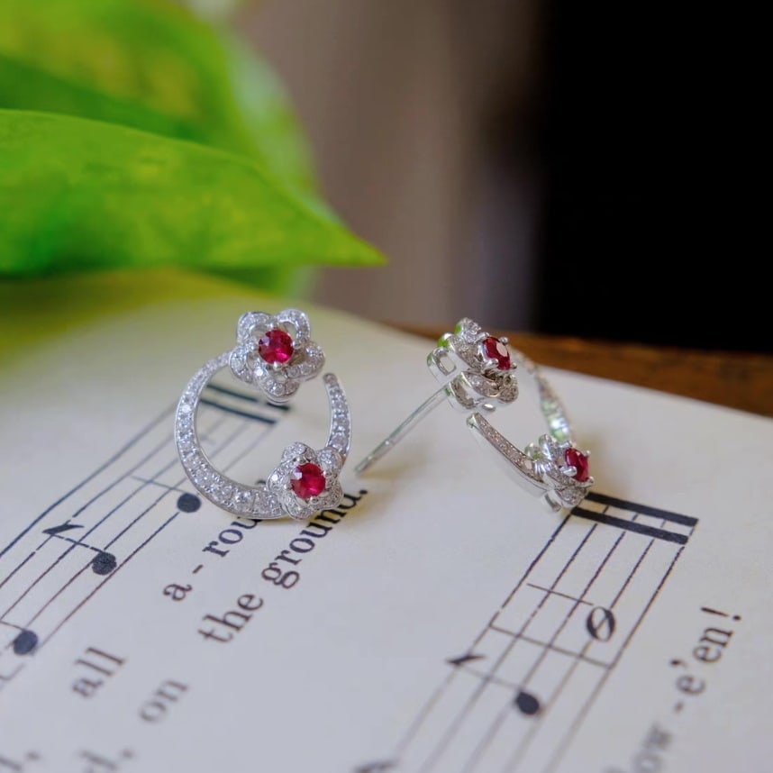 14k Gold 0.72 Ctw Natural Ruby & Diamond Earrings - 5