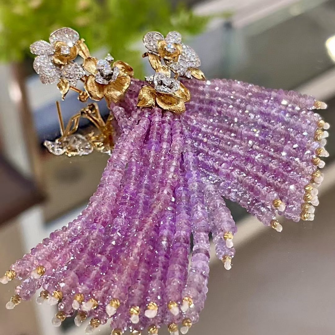 14k Gold 102.38 Ctw Natural Sapphire & Diamond Earrings: Ref:230968037 // gold content:14k gold // main gemstone:sapphire // shape:bead // carat weight:101. 3ct // color:pink // treatment:natural // // adjacent gemstone 2 : diamond // shape:round // carat w
