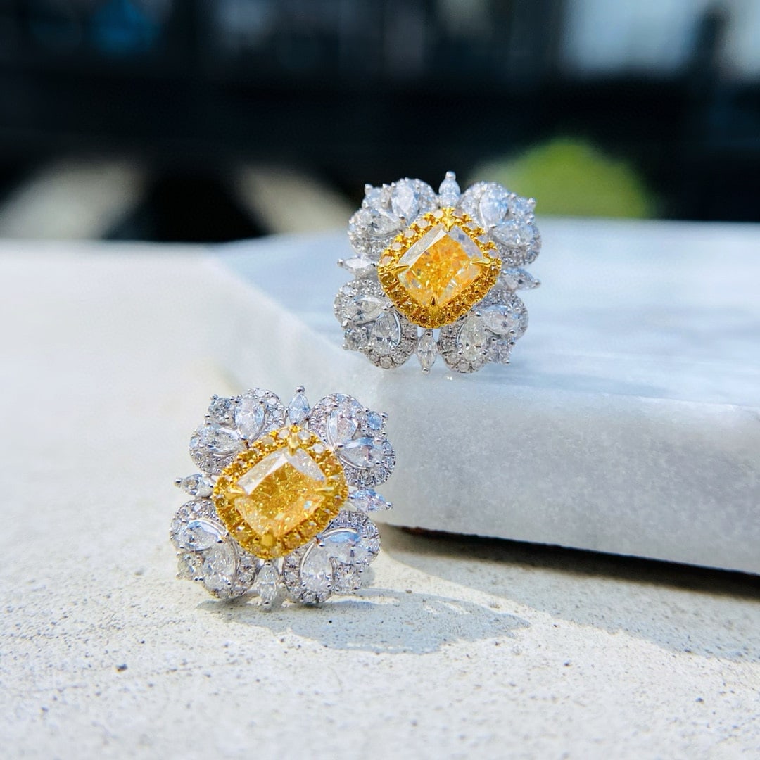 14k Gold 2.13 Ctw Natural Yellow Diamond & Diamond Earrings: Ref:230968076 // gold content:14k gold // main gemstone:yellow diamond // shape:cushion // carat weight:1. 10ct // color:yellow // treatment:natural // // adjacent gemstone 2 : diamond // shape:multip