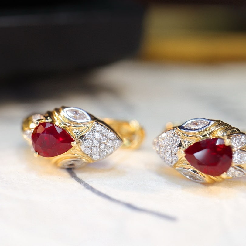 14k Gold 1.53 Ctw Natural Ruby & Diamond Earrings - 2