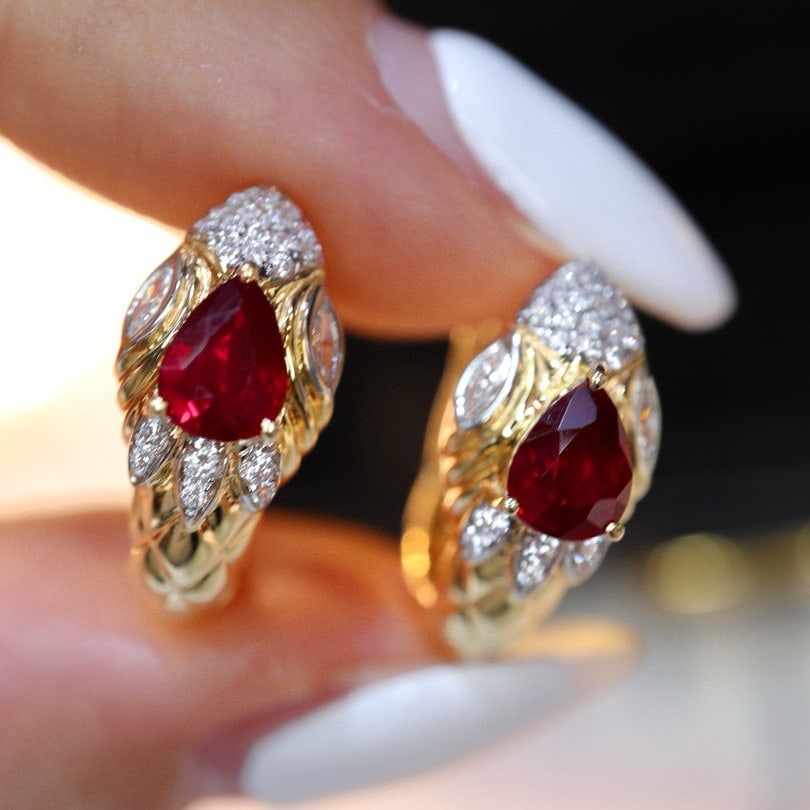 14k Gold 1.53 Ctw Natural Ruby & Diamond Earrings - 3