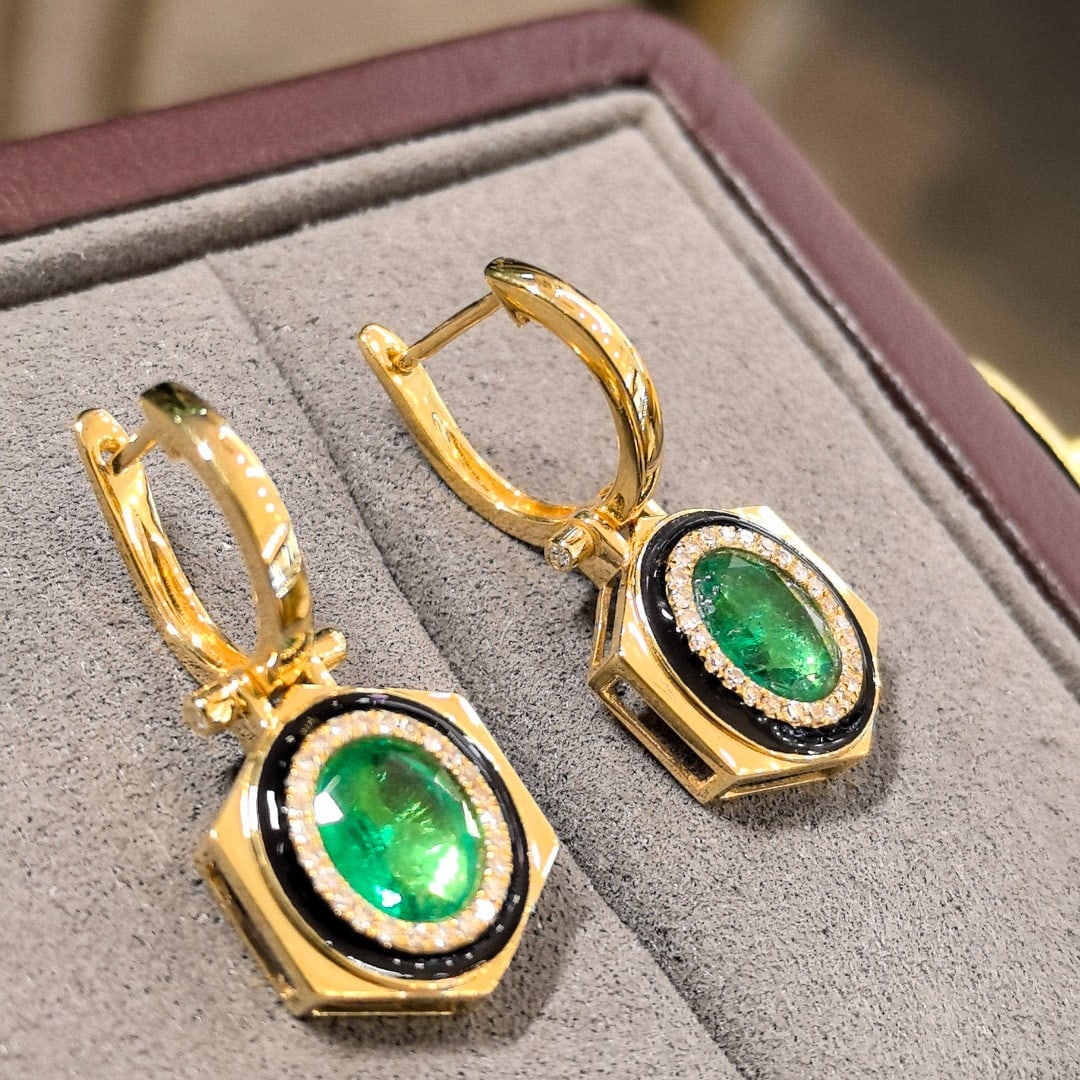 14k Gold 2.23 Ctw Vivid Green Natural Emerald & Diamond Earrings - 5