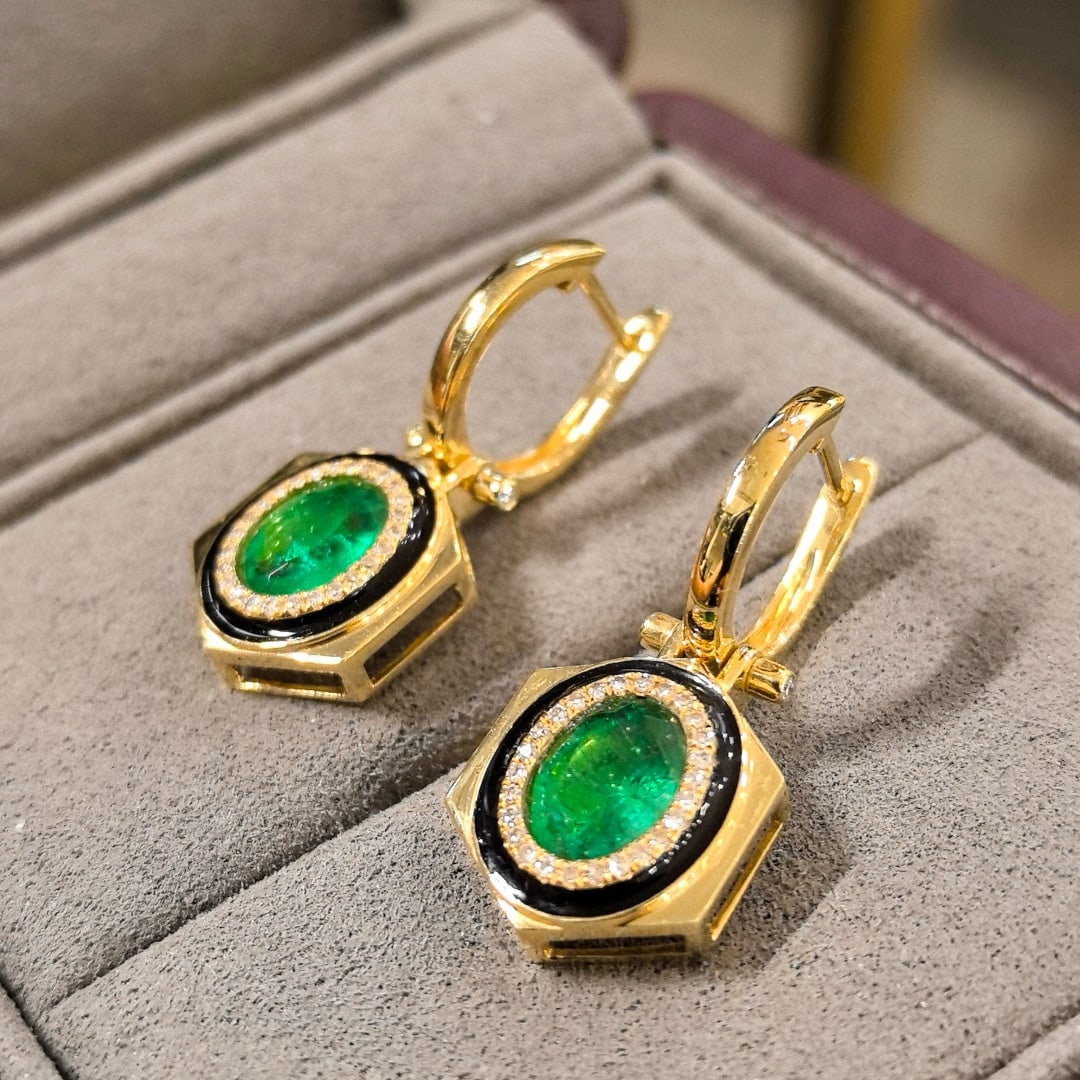 14k Gold 2.23 Ctw Vivid Green Natural Emerald & Diamond Earrings - 8