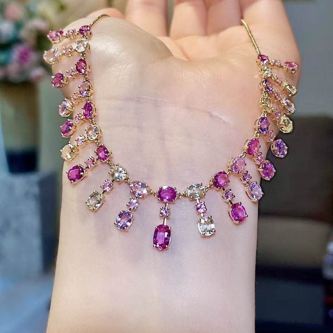 14k Gold 18.09 Ctw Natural Sapphire & Sapphire Necklace: Ref:230968281 // gold content:14k gold // main gemstone:sapphire // shape:oval // carat weight:16. 39ct // color:color // treatment:natural // // adjacent gemstone 2 : sapphire // shape:round //