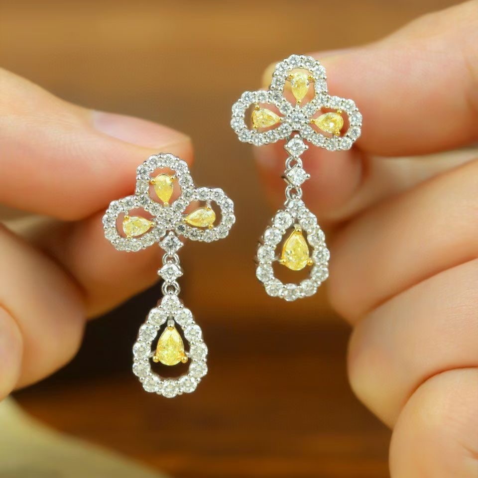 14k Gold 2.55 Ctw Natural Yellow Diamond & Diamond Earrings - 2