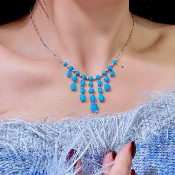 14k Gold 13.37 Ctw Natural Blue Turquoise & Diamond Necklace - 4