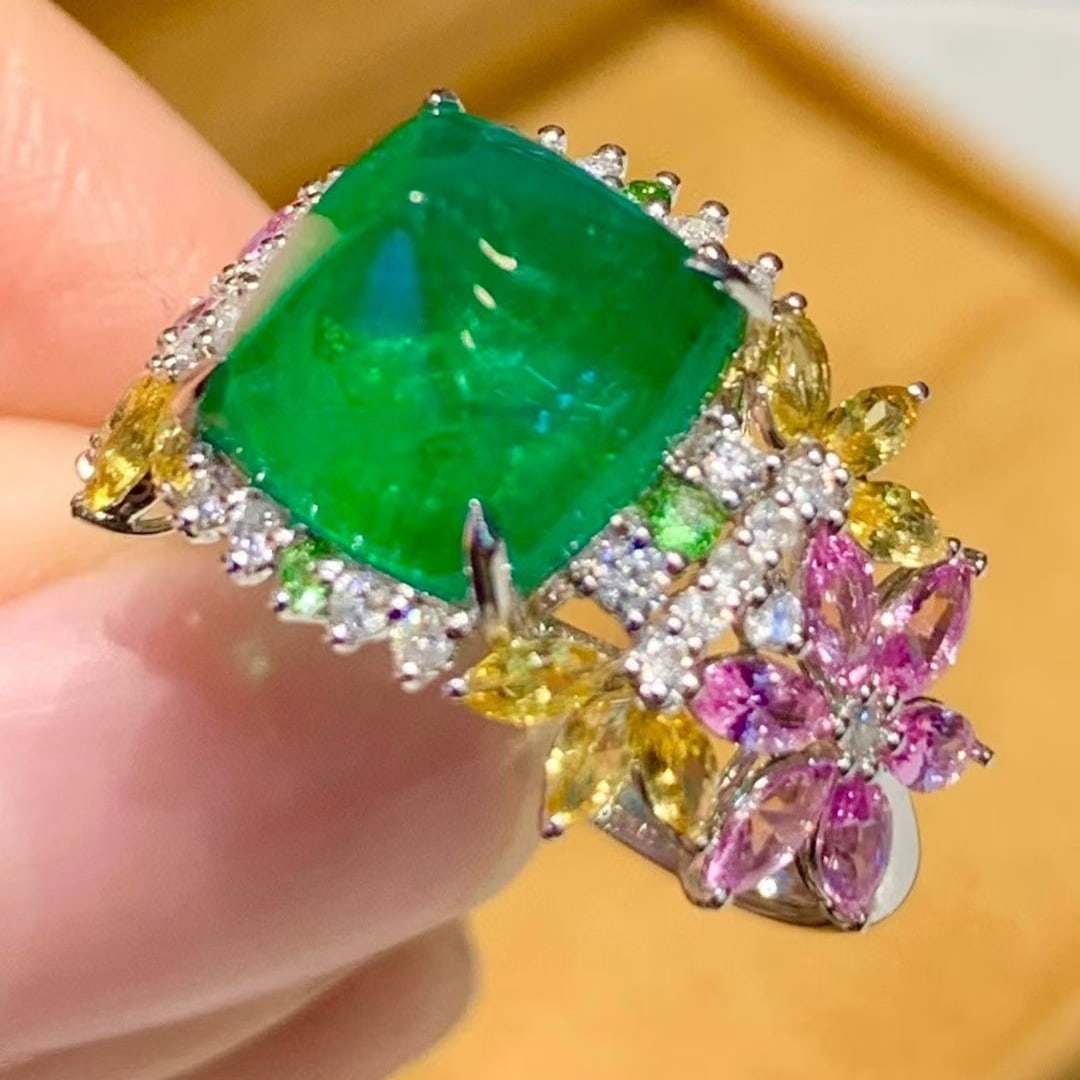 14k Gold 4.32 Ct Natural Emerald & Diamond & Coloured Gemstone Ring - 3