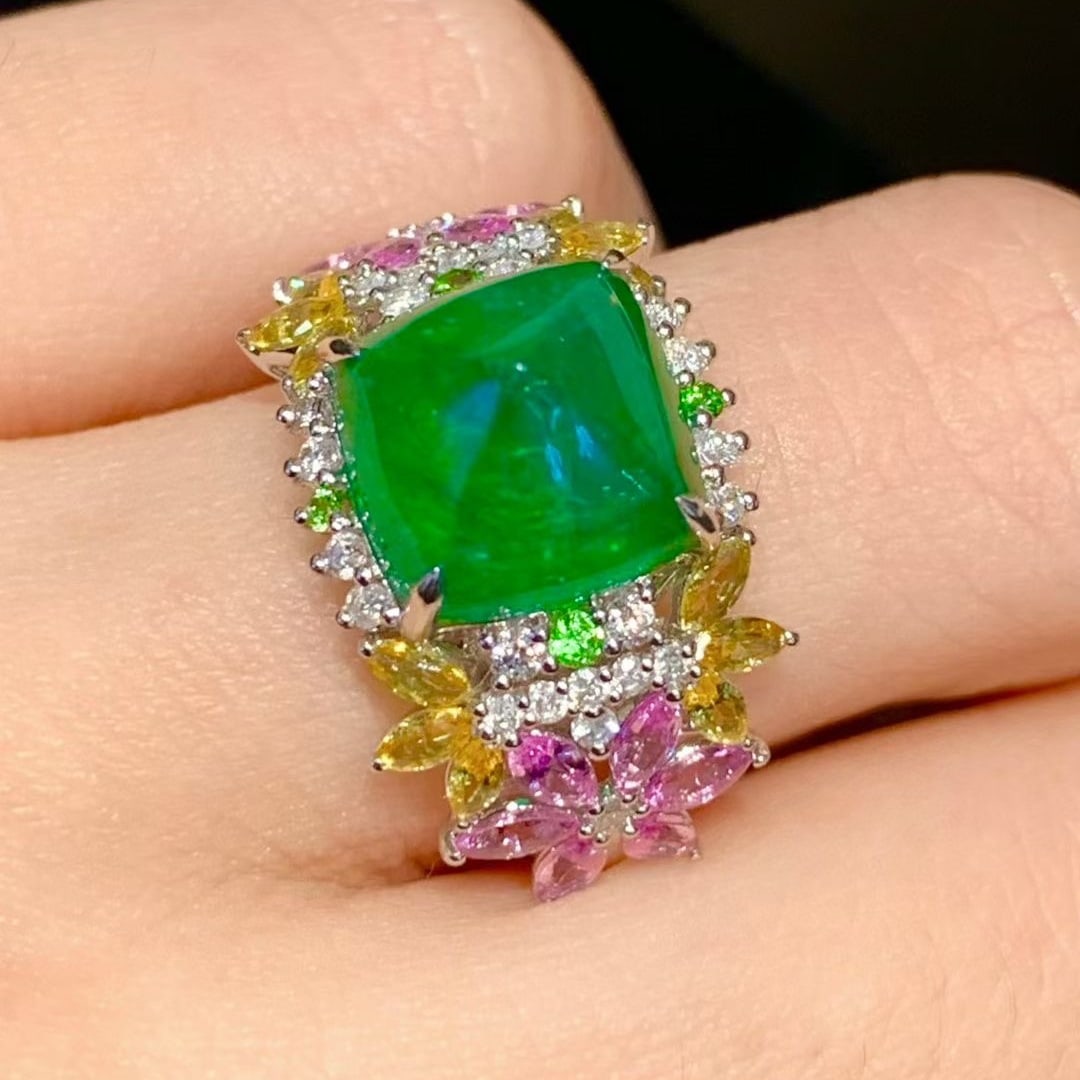 14k Gold 4.32 Ct Natural Emerald & Diamond & Coloured Gemstone Ring - 5