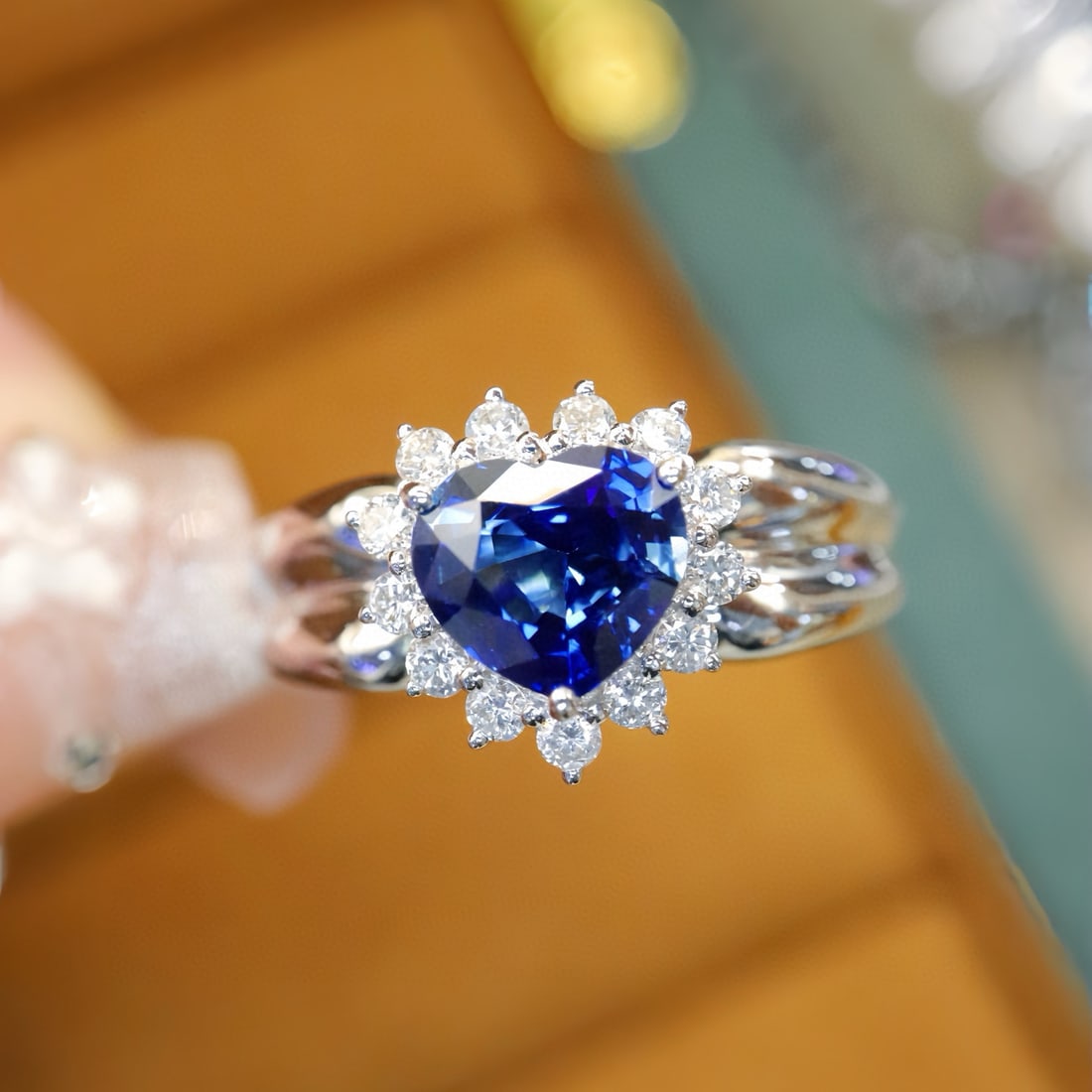 14k Gold 1.46 Ctw Natural Sapphire & Diamond Ring: Ref:231137047 // gold content:14k gold // ring size:7. 25us // // main gemstone:sapphire // shape:heart // carat weight:1. 2ct // color:blue // treatment:natural // // adjacent gemstone 2 :