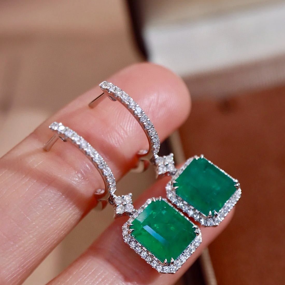 14k Gold 4.46 Ctw Natural Emerald & Diamond Earrings - 2