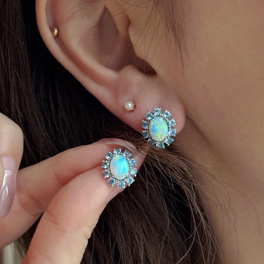 14k Gold 2.00 Ctw Natural Opal & Aquamarine Earrings - 2