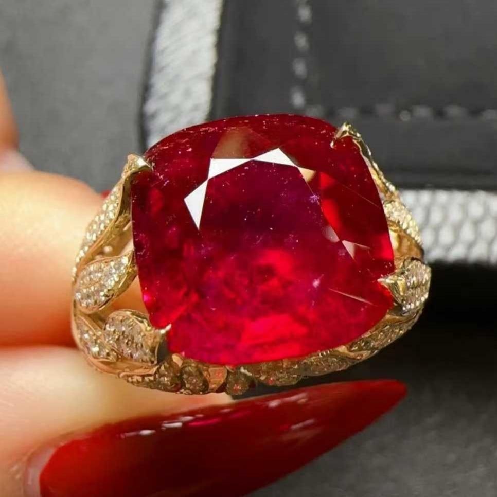 14k Gold 7.13 Ctw Natural Tourmaline & Diamond Ring: Ref:231137062 // gold content:14k gold // ring size:7. 25us // // main gemstone:tourmaline // shape:cushion // carat weight:6. 6ct // color:rubellite // treatment:natural // // adjacent gemstone 2