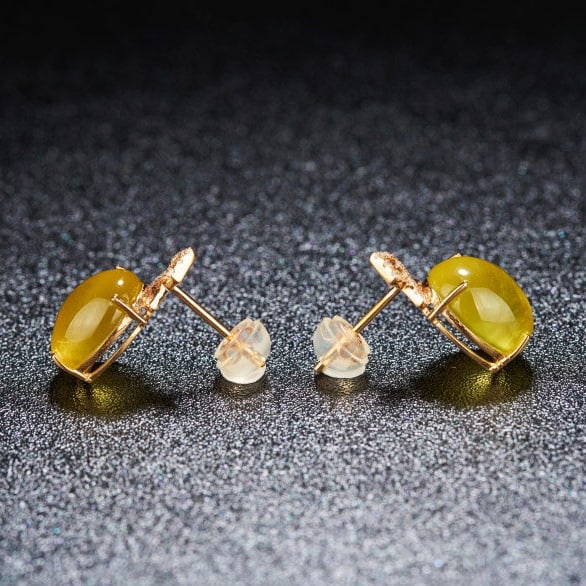 14k Gold 8.2 Ct Natural Prehnite & Diamond Earrings - 4