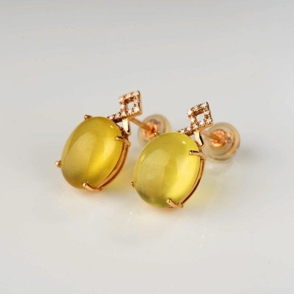 14k Gold 8.2 Ct Natural Prehnite & Diamond Earrings - 8