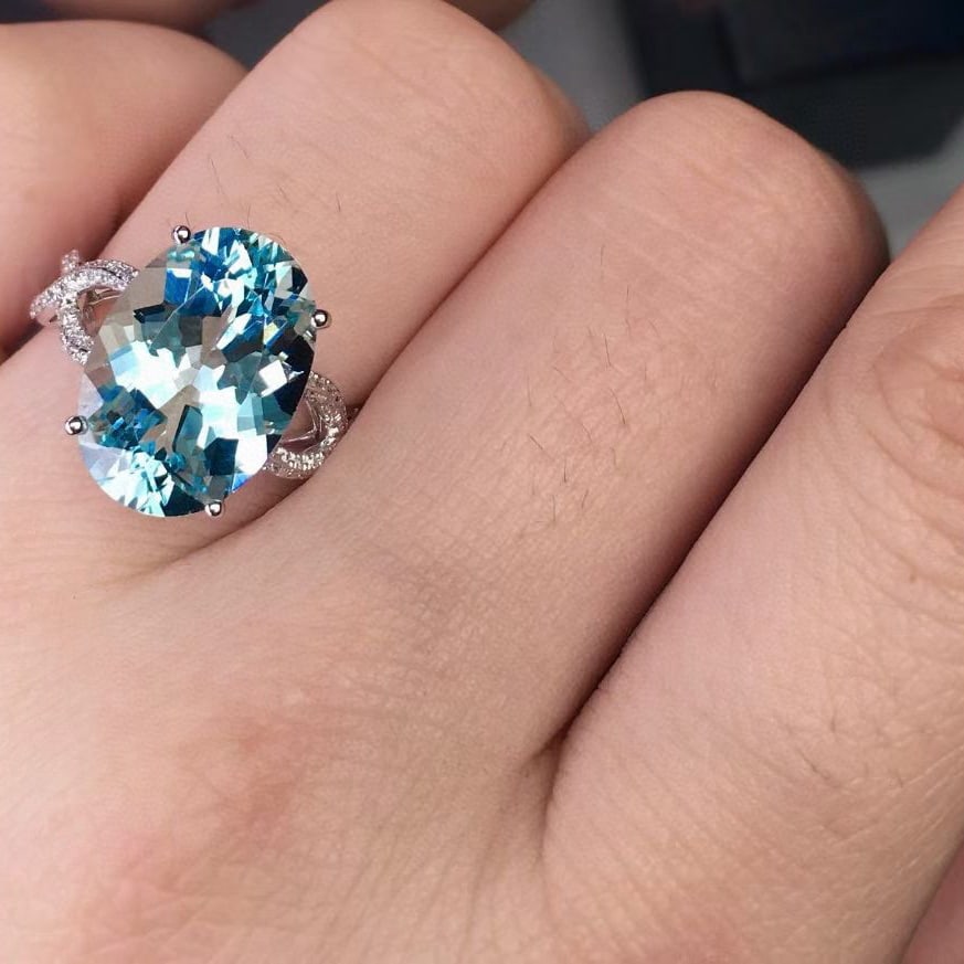 14k Gold 6.82 Ct Natural Aquamarine & Diamond Ring - 7