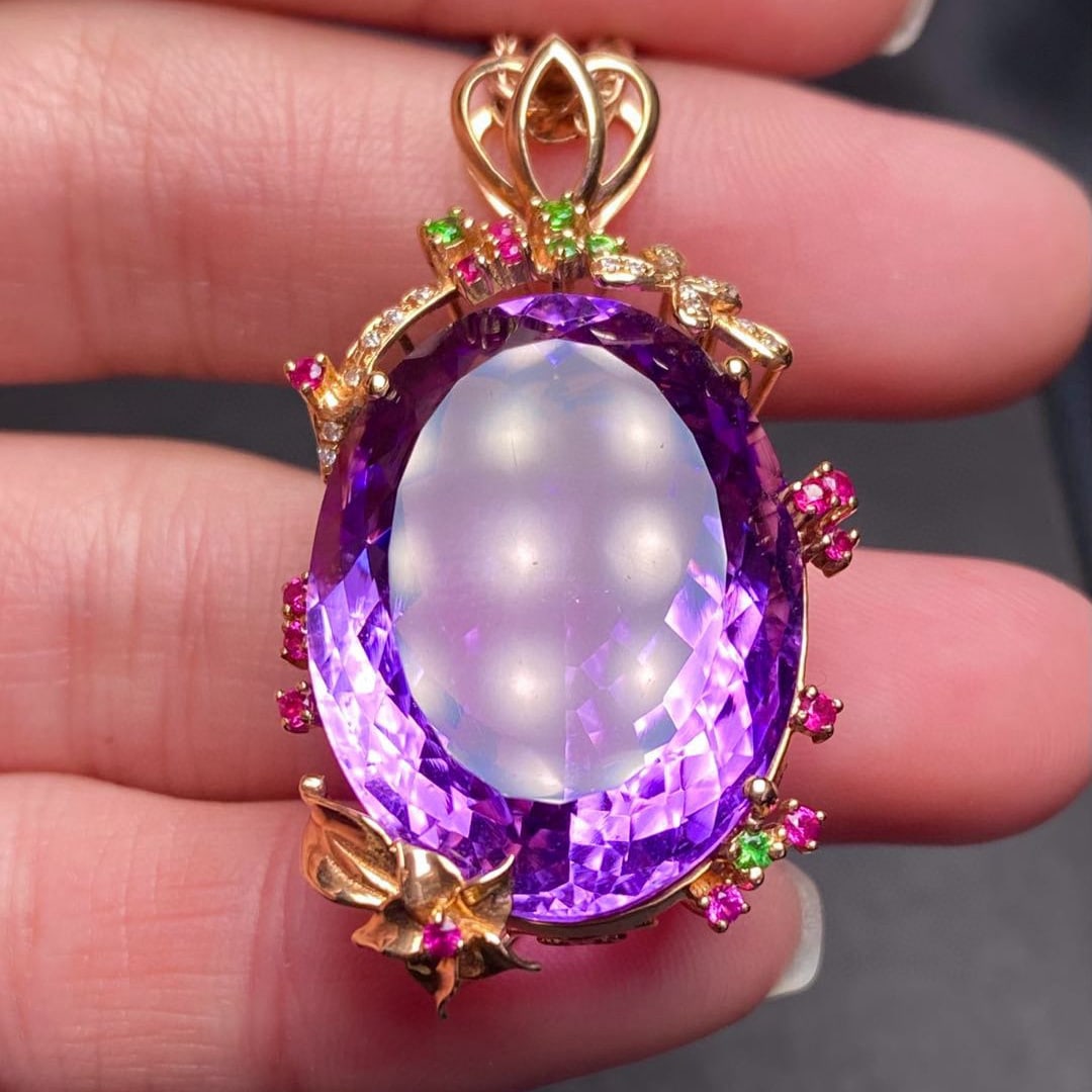 14k Gold 32.5 Ct Natural Amethyst & Diamond & Coloured Gemstone Pendant( Without Chain ) - 3