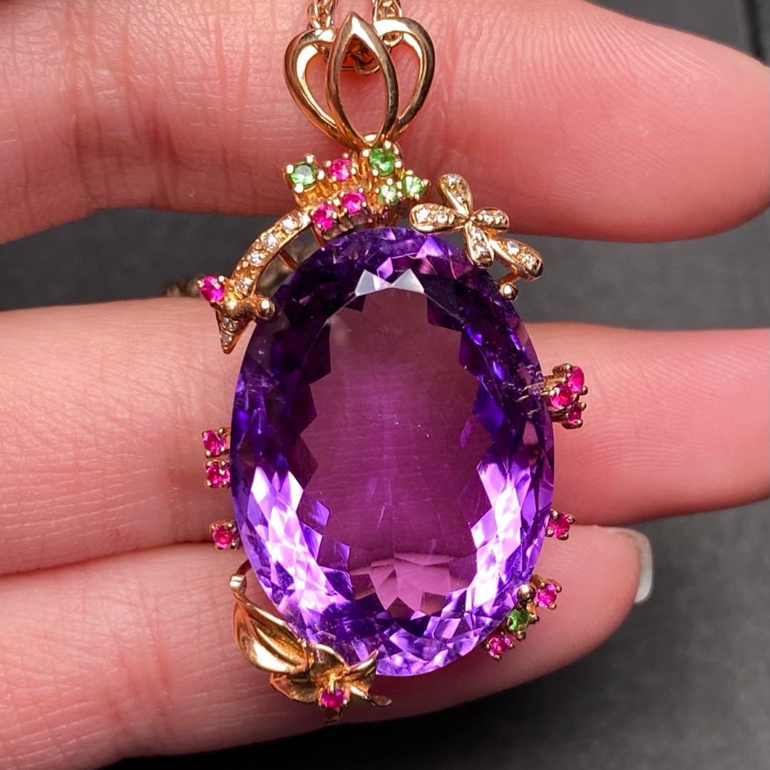 14k Gold 32.5 Ct Natural Amethyst & Diamond & Coloured Gemstone Pendant( Without Chain ) - 4