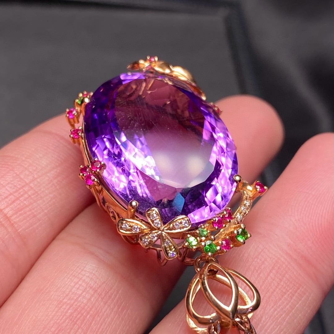 14k Gold 32.5 Ct Natural Amethyst & Diamond & Coloured Gemstone Pendant( Without Chain ) - 6