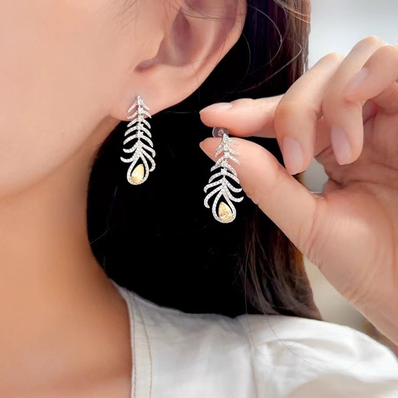 14k Gold 1.60 Ctw Natural Yellow Diamond & Diamond Earrings - 2