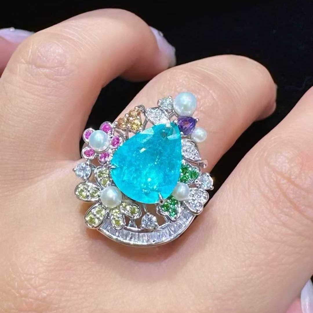 14k Gold 2.59 Ctw Natural Paraiba Tourmaline & Diamond Ring - 4