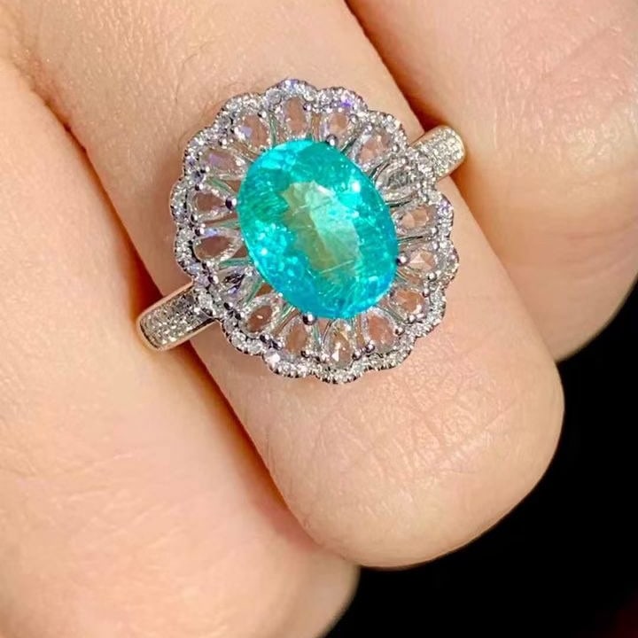 14k Gold 1.8 Ct Natural Paraiba Tourmaline & Diamond & Sapphire Ring - 4