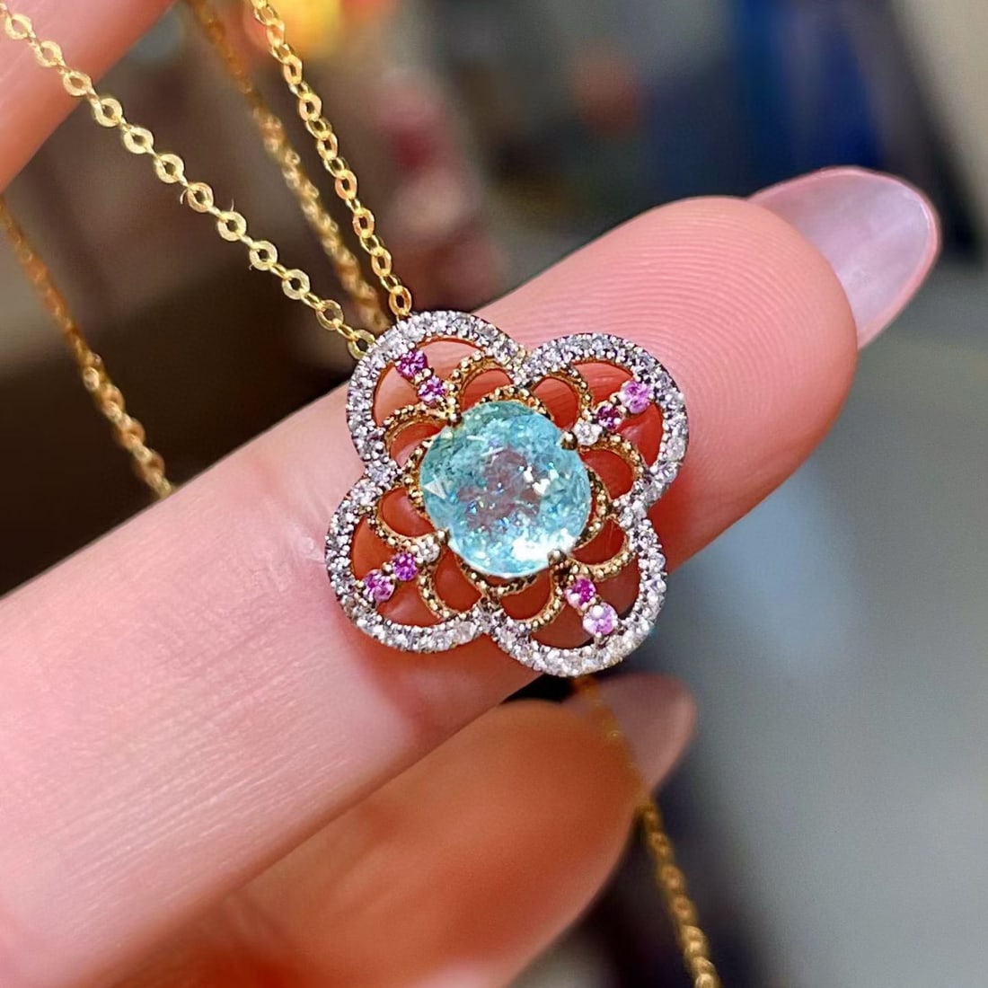 14k Gold 1.16 Ctw Natural Paraiba Tourmaline & Diamond Pendant( Without Chain ) - 2