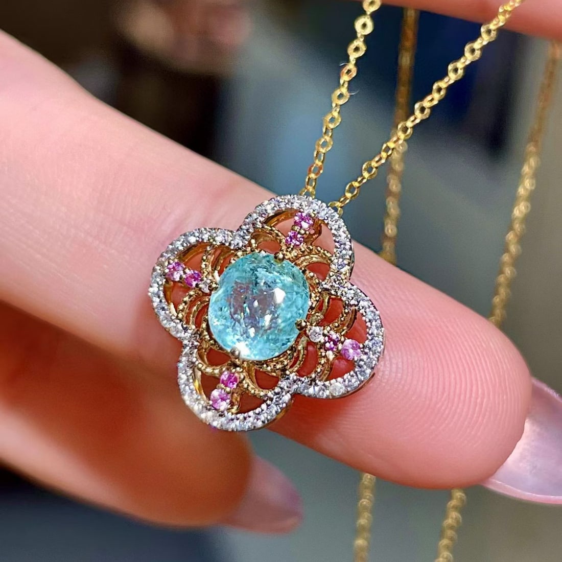 14k Gold 1.16 Ctw Natural Paraiba Tourmaline & Diamond Pendant( Without Chain ) - 3