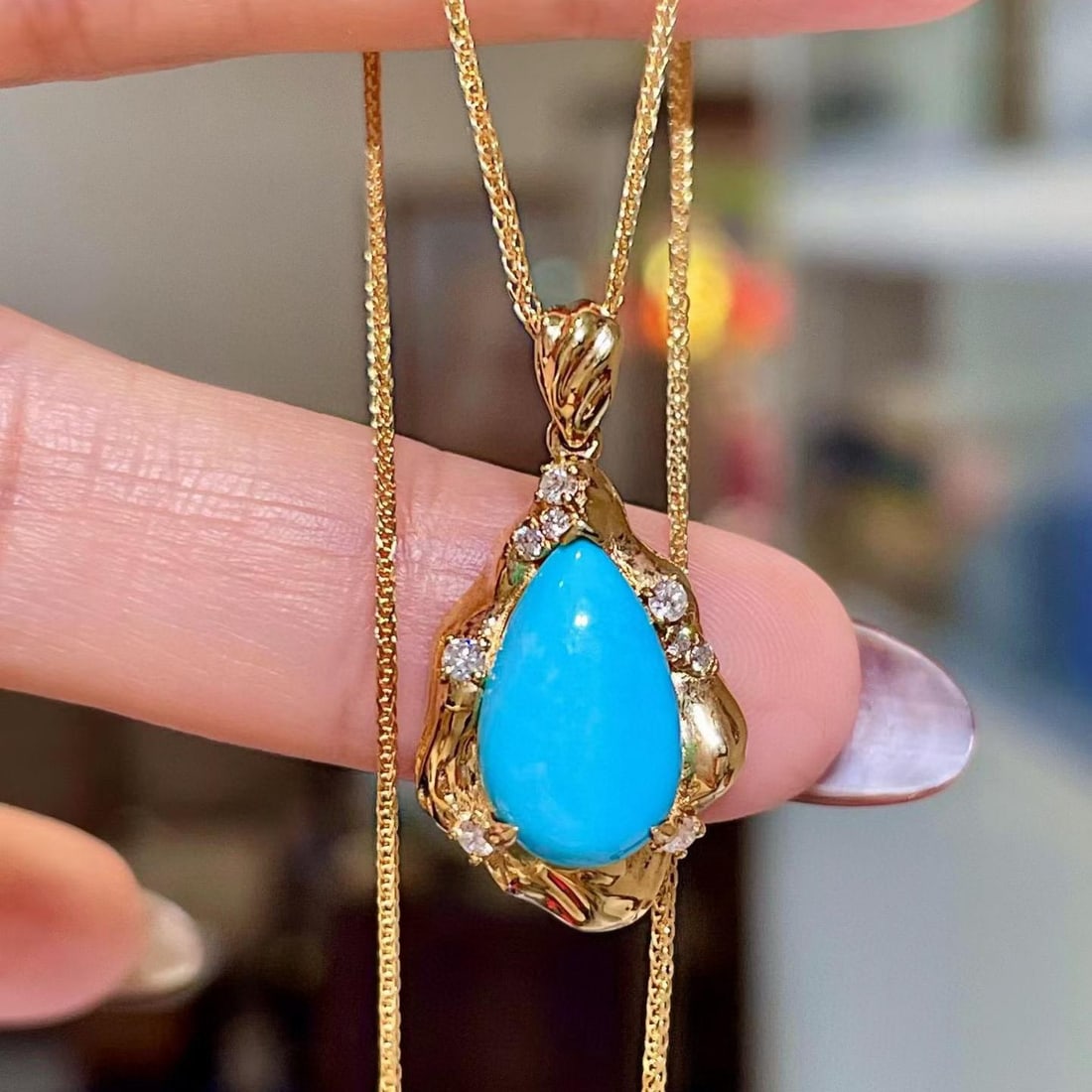 14k Gold 3.21 Ctw Natural Blue Turquoise & Diamond Pendant( Without Chain ): Ref:231137155 // gold content:14k gold // main gemstone:blue turquoise // shape:pear // carat weight:3. 09ct // color:blue // treatment:natural // // adjacent gemstone 2 : diamond // shape:round //