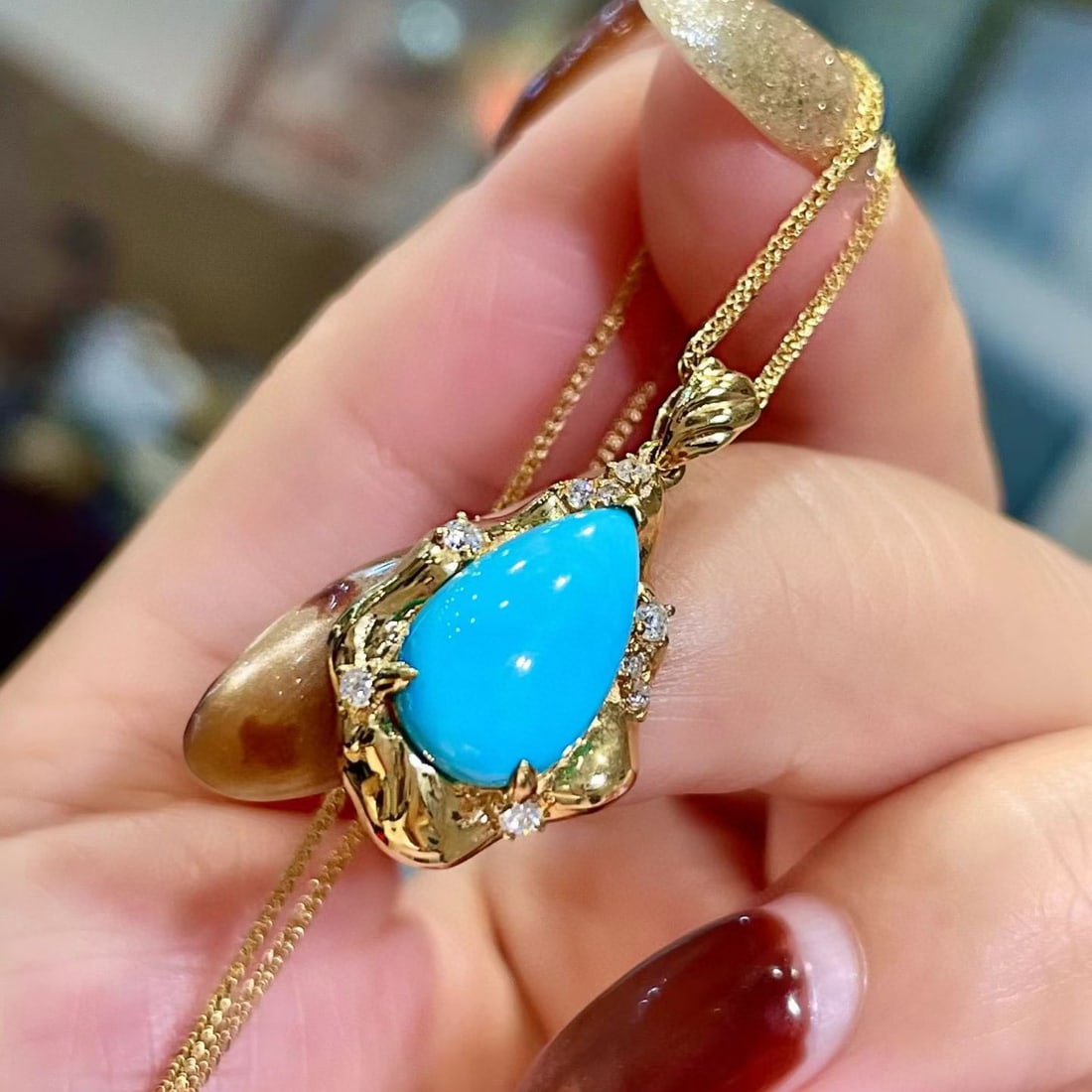 14k Gold 3.21 Ctw Natural Blue Turquoise & Diamond Pendant( Without Chain ) - 3