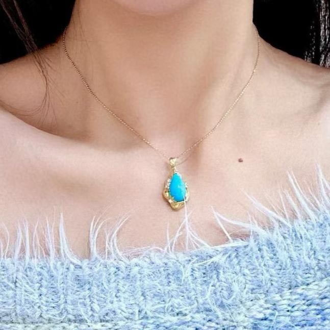 14k Gold 3.21 Ctw Natural Blue Turquoise & Diamond Pendant( Without Chain ) - 4