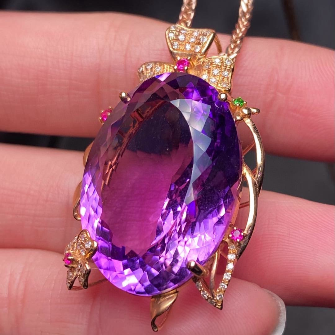 14k Gold 32.05 Ct Natural Amethyst & Diamond Pendant( Without Chain ) - 2