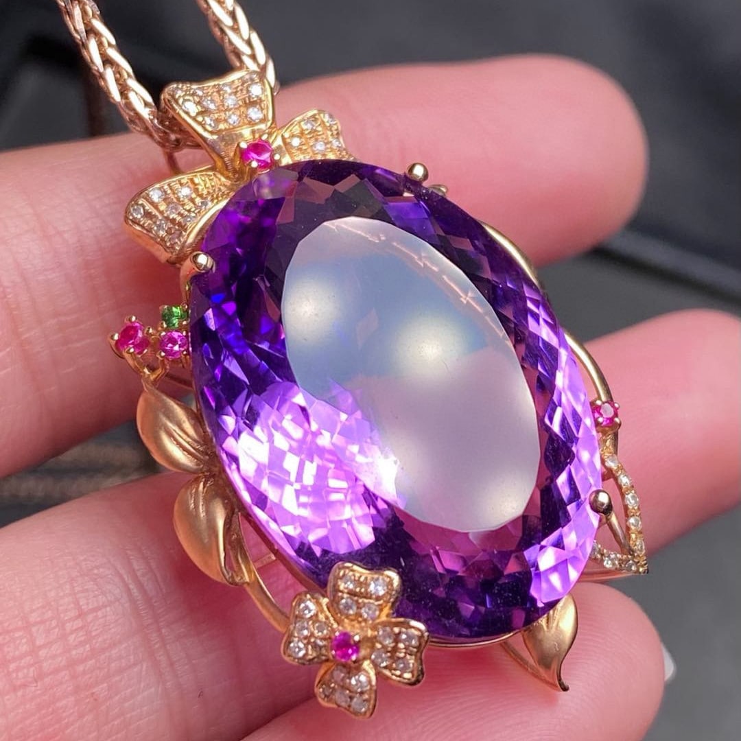14k Gold 32.05 Ct Natural Amethyst & Diamond Pendant( Without Chain ) - 6