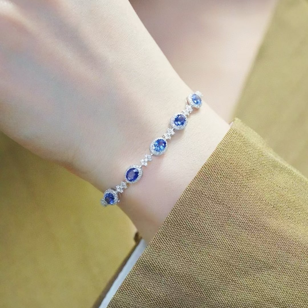 14k Gold 2.85 Ct Natural Sapphire & Diamond Bracelet - 6