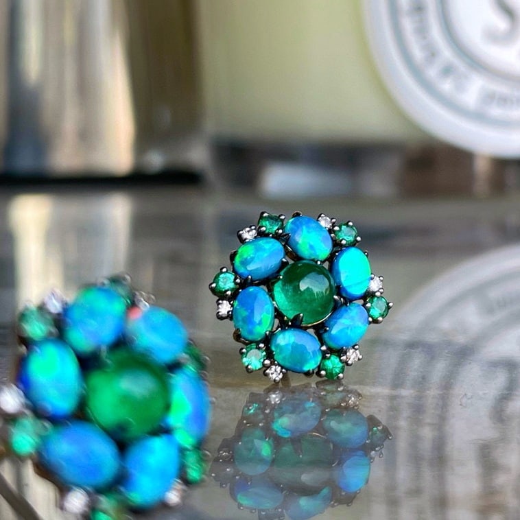 14k Gold 1 Ct Natural Emerald & Opal & Diamond & Emerald Earrings - 2