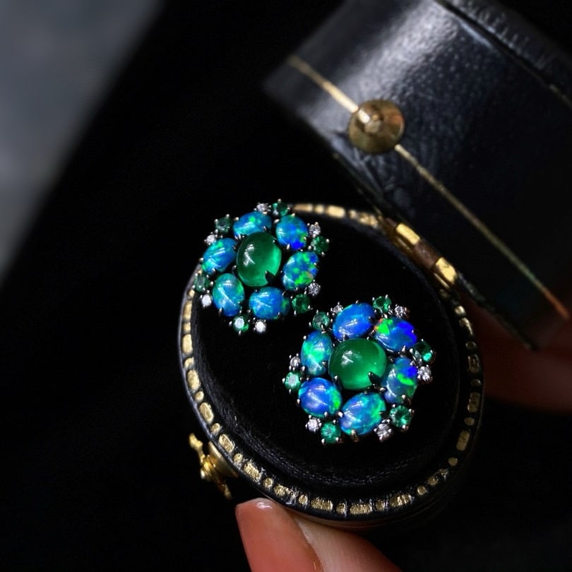 14k Gold 1 Ct Natural Emerald & Opal & Diamond & Emerald Earrings - 3