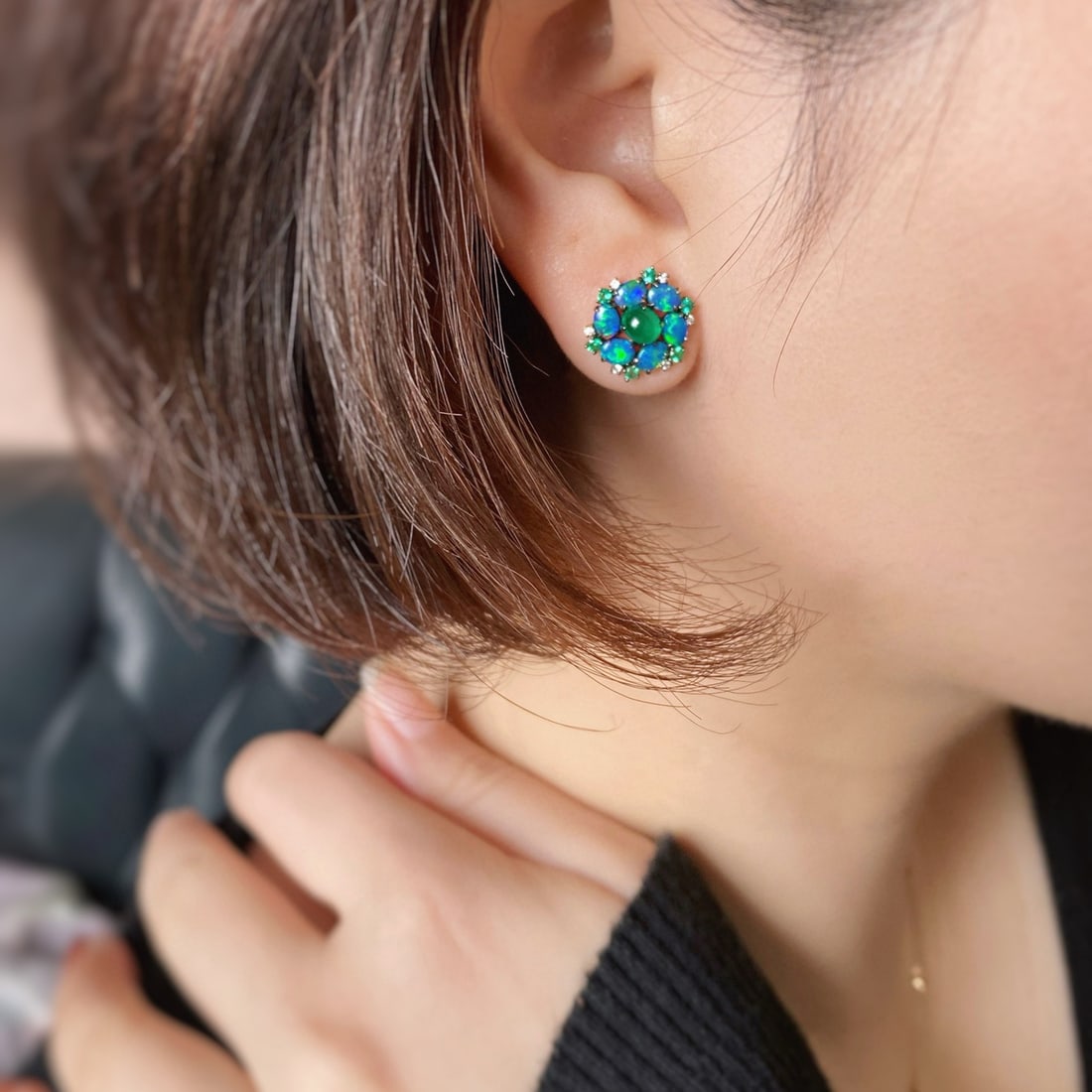 14k Gold 1 Ct Natural Emerald & Opal & Diamond & Emerald Earrings - 4