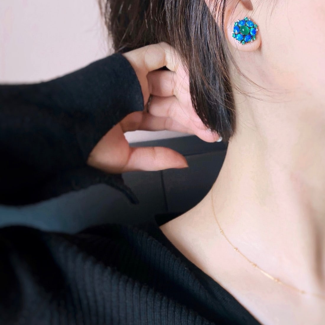 14k Gold 1 Ct Natural Emerald & Opal & Diamond & Emerald Earrings - 6