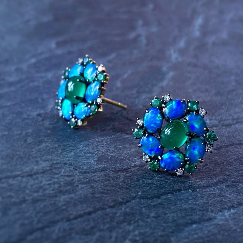 14k Gold 1 Ct Natural Emerald & Opal & Diamond & Emerald Earrings - 7