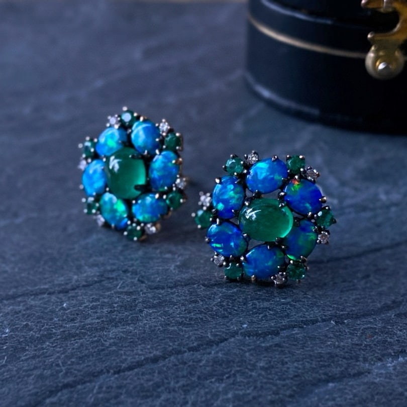 14k Gold 1 Ct Natural Emerald & Opal & Diamond & Emerald Earrings - 9